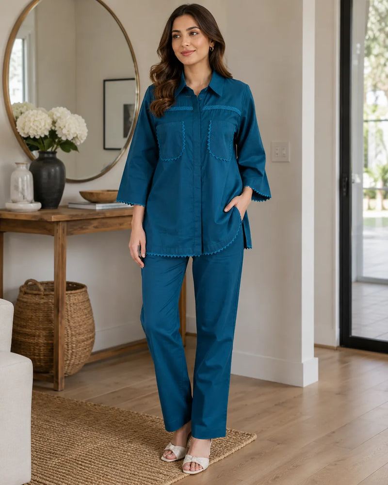 Zinc Blue Cotton 2-Piece Co-Ord Set with Loop Lace Trims & Straight Trousers