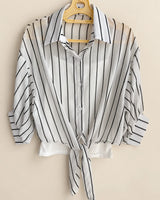 Women's Black & White Striped Georgette Tie-Front Shirt with White Camisole