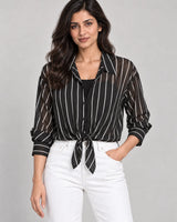 Women's Black & White Vertical Striped Georgette Tie-Front Shirt with Black Camisole