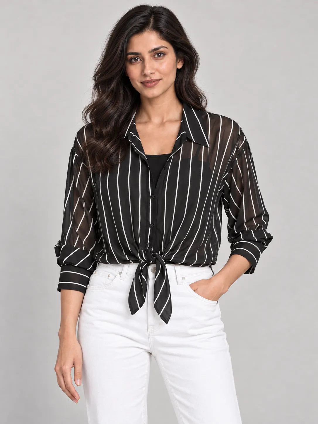 Women's Black & White Vertical Striped Georgette Tie-Front Shirt with Black Camisole