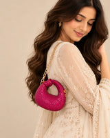 Fuchsia Crystal Embellished Crescent Mini Handbag | Sufaab