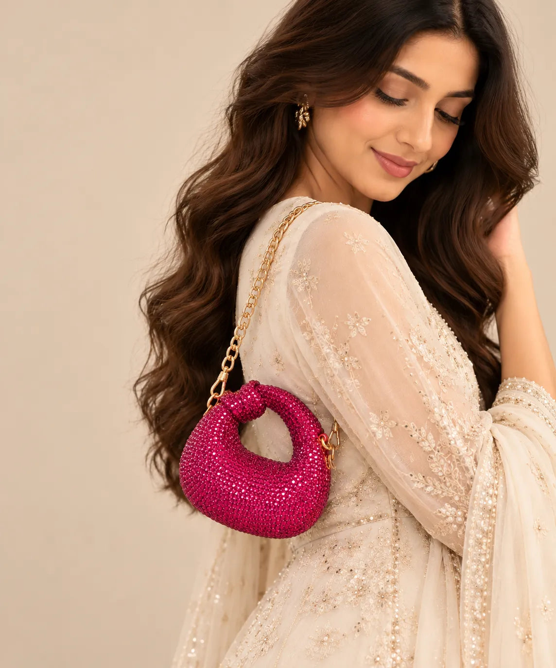 Fuchsia Crystal Embellished Crescent Mini Handbag | Sufaab