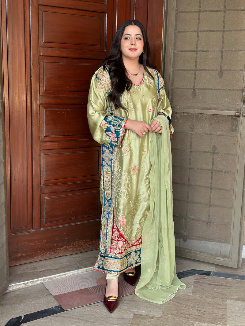 Sage Green Embroidered 3-Piece Pakistani Suit with Teal Blue Borders