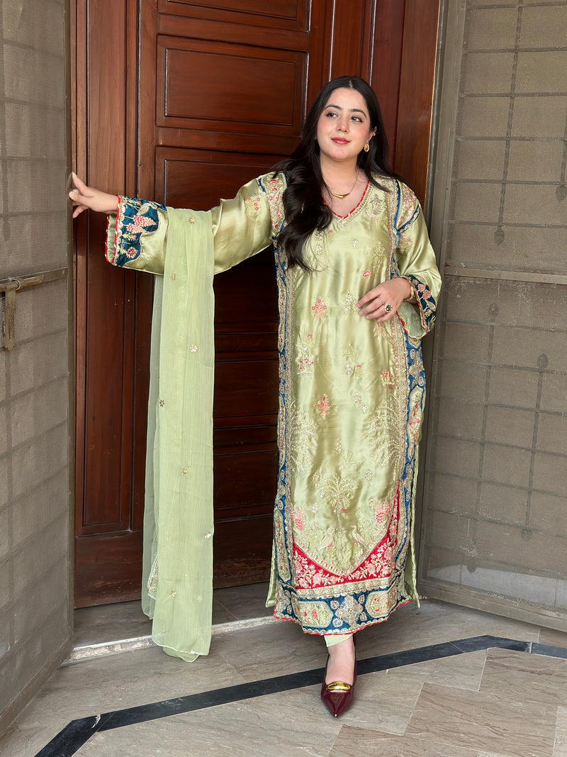 Sage Green Embroidered 3-Piece Pakistani Suit with Teal Blue Borders