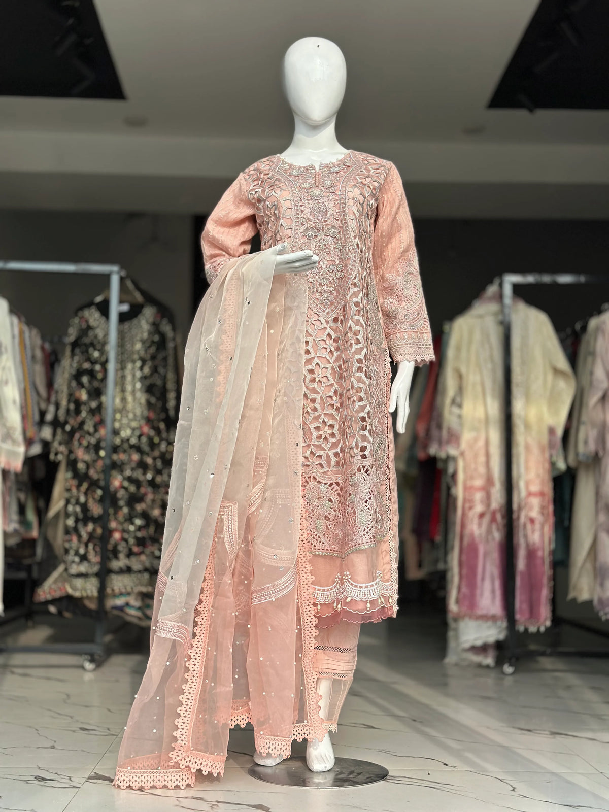 Peach Pink Embroidered Pakistani Formal Suit with Lace Dupatta | Sufaab