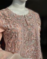 Peach Pink Embroidered Pakistani Formal Suit with Lace Dupatta | Sufaab