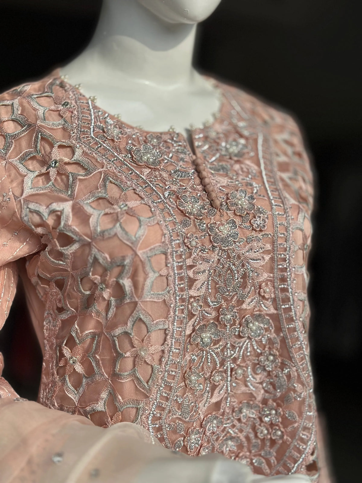 Peach Pink Embroidered Pakistani Formal Suit with Lace Dupatta | Sufaab