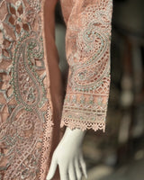 Peach Pink Embroidered Pakistani Formal Suit with Lace Dupatta | Sufaab