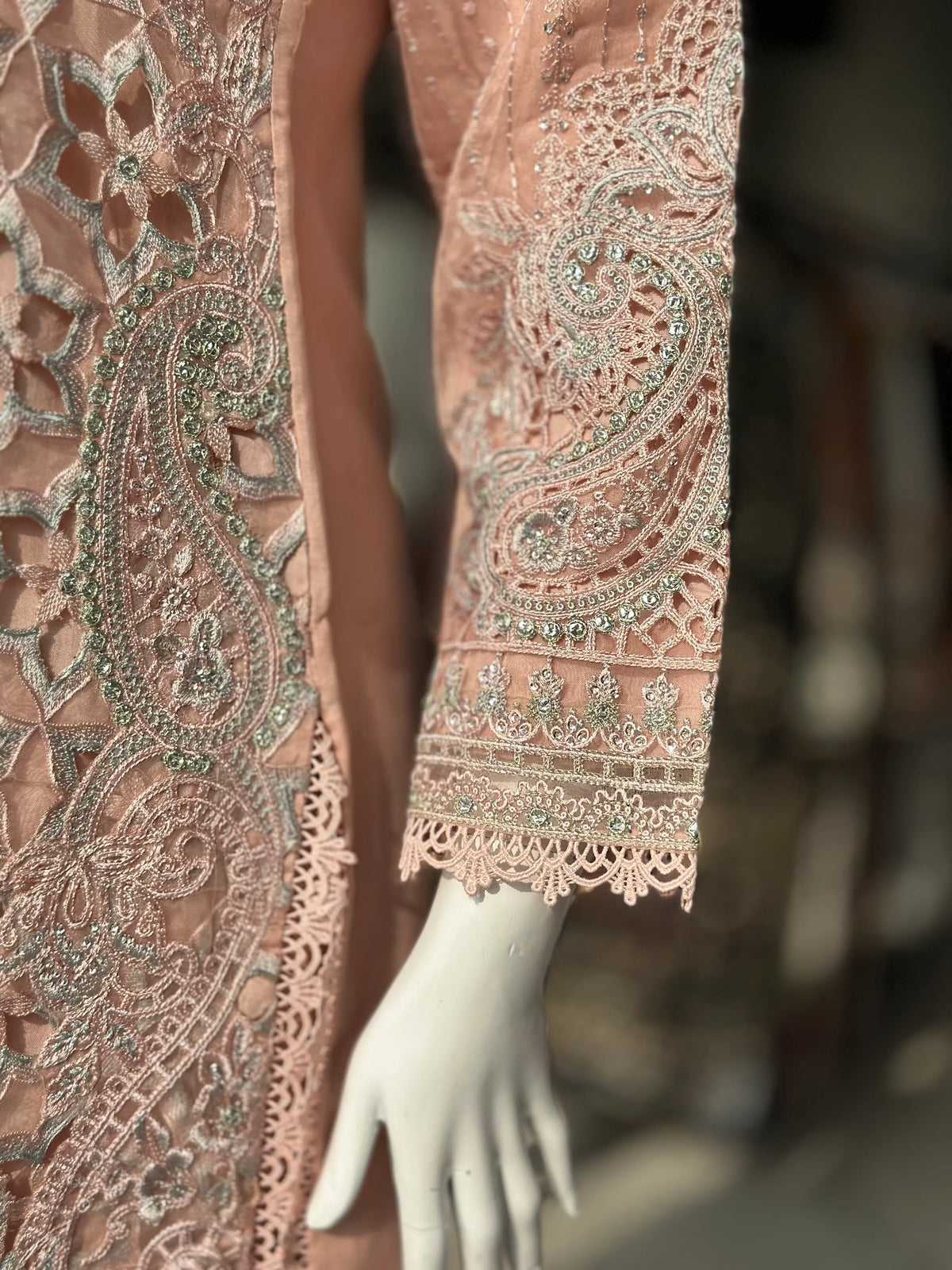 Peach Pink Embroidered Pakistani Formal Suit with Lace Dupatta | Sufaab