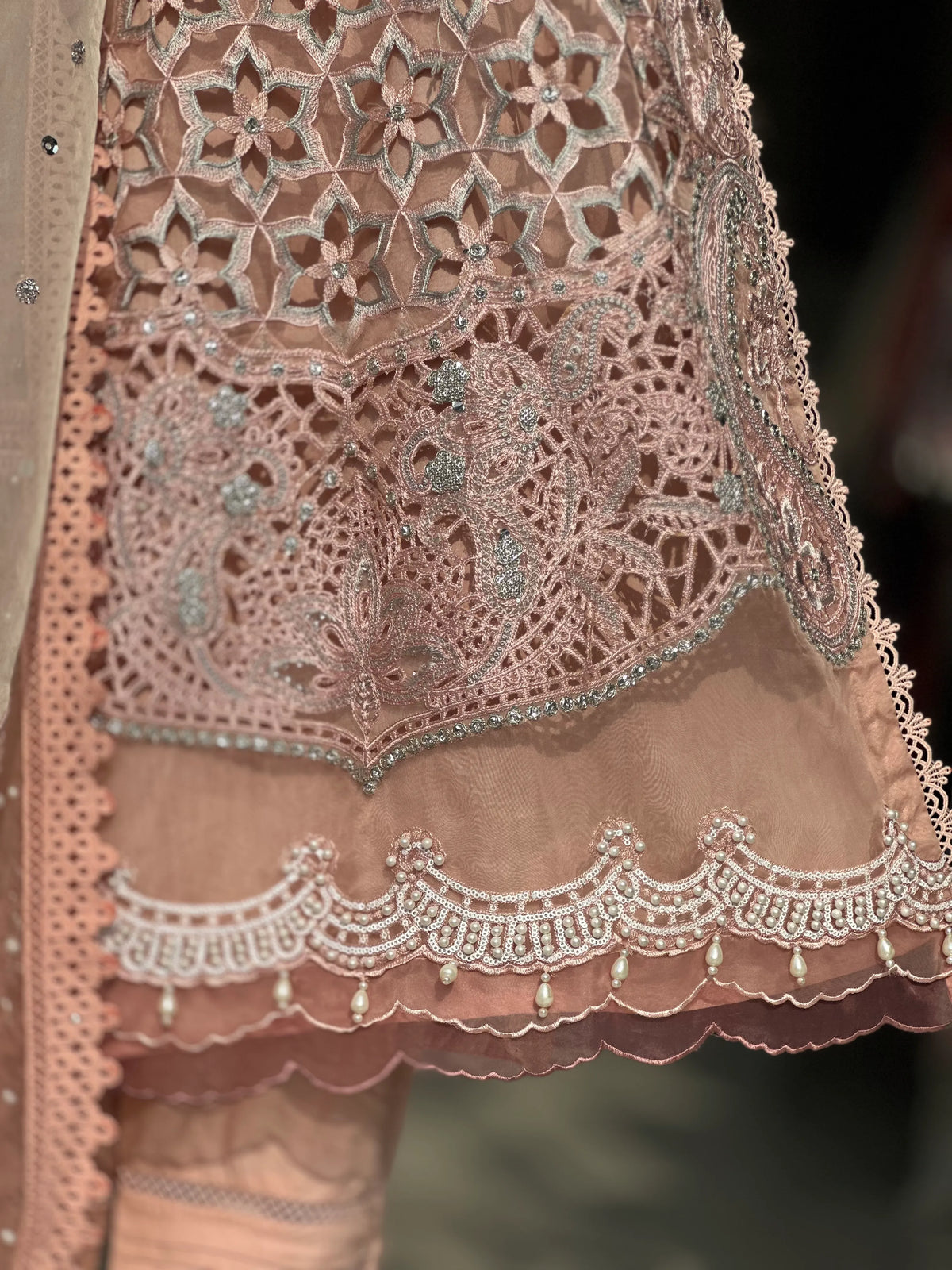 Peach Pink Embroidered Pakistani Formal Suit with Lace Dupatta | Sufaab