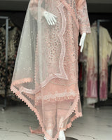 Peach Pink Embroidered Pakistani Formal Suit with Lace Dupatta | Sufaab
