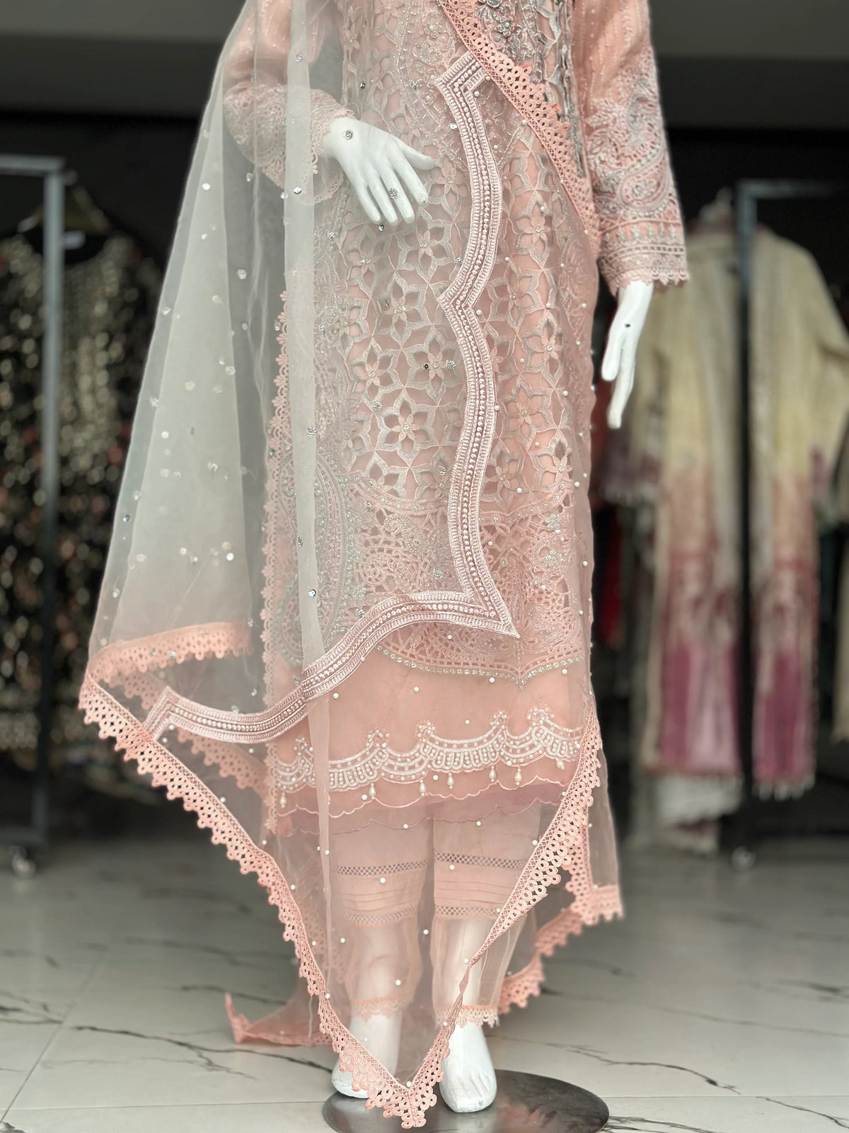 Peach Pink Embroidered Pakistani Formal Suit with Lace Dupatta | Sufaab
