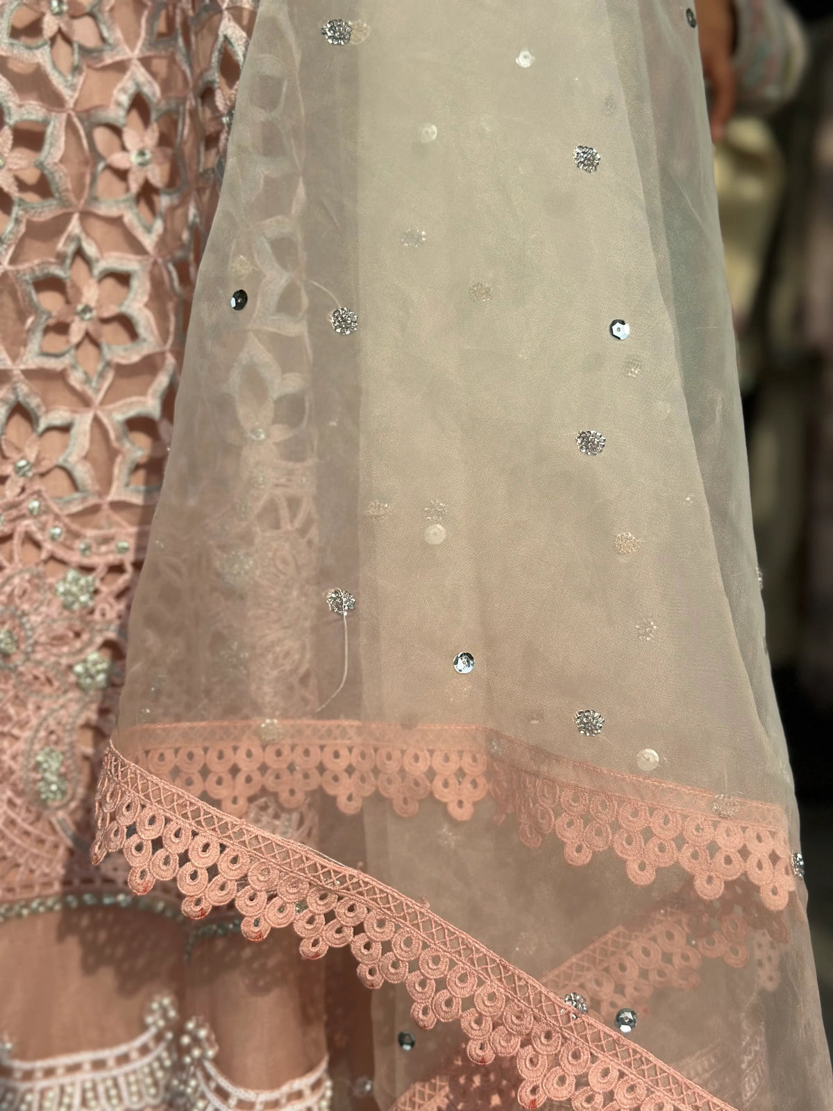 Peach Pink Embroidered Pakistani Formal Suit with Lace Dupatta | Sufaab