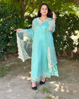 Mint Green Pearl Embroidered Organza 3-Piece Suit Elegant Silk Kurti Set with Tasseled Fringe Dupatta