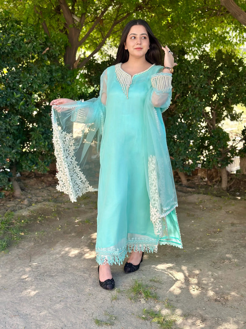 Mint Green Pearl Embroidered Organza 3-Piece Suit Elegant Silk Kurti Set with Tasseled Fringe Dupatta