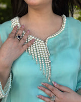 Mint Green Pearl Embroidered Organza 3-Piece Suit Elegant Silk Kurti Set with Tasseled Fringe Dupatta