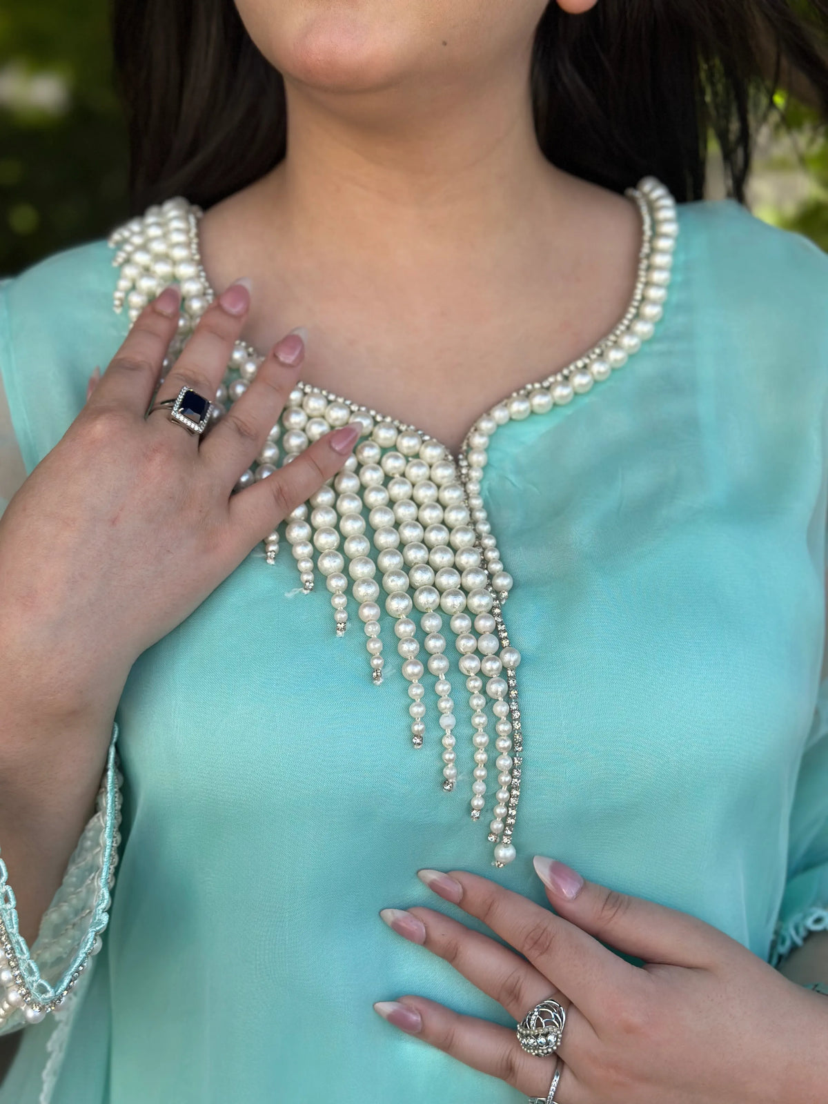 Mint Green Pearl Embroidered Organza 3-Piece Suit Elegant Silk Kurti Set with Tasseled Fringe Dupatta