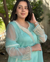 Mint Green Pearl Embroidered Organza 3-Piece Suit Elegant Silk Kurti Set with Tasseled Fringe Dupatta