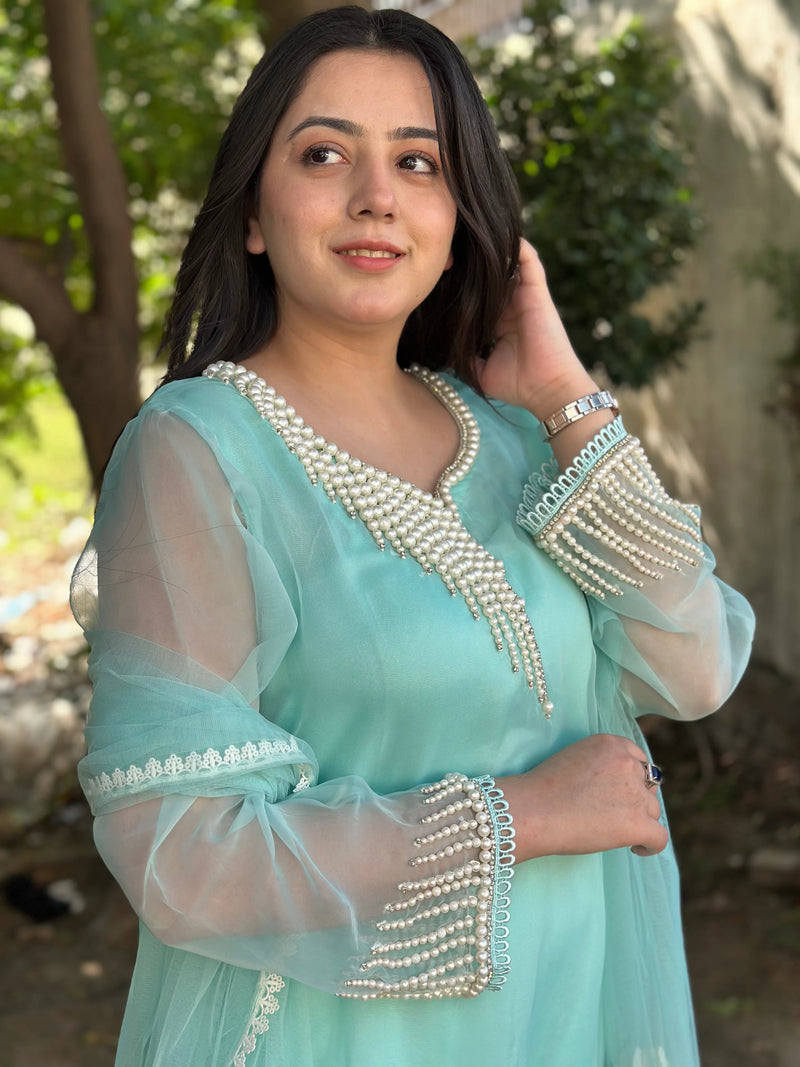 Mint Green Pearl Embroidered Organza 3-Piece Suit Elegant Silk Kurti Set with Tasseled Fringe Dupatta