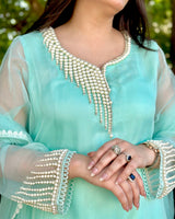 Mint Green Pearl Embroidered Organza 3-Piece Suit Elegant Silk Kurti Set with Tasseled Fringe Dupatta
