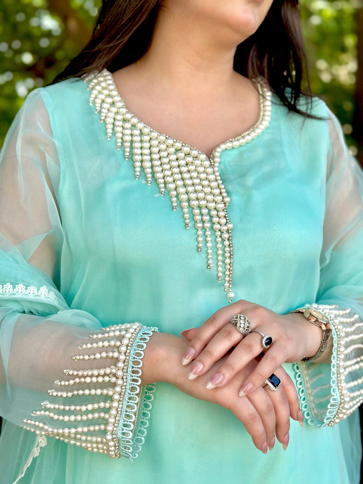 Mint Green Pearl Embroidered Organza 3-Piece Suit Elegant Silk Kurti Set with Tasseled Fringe Dupatta