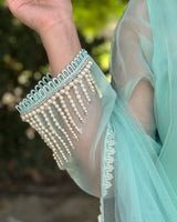 Mint Green Pearl Embroidered Organza 3-Piece Suit Elegant Silk Kurti Set with Tasseled Fringe Dupatta