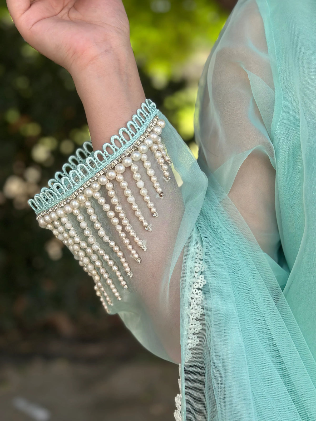 Mint Green Pearl Embroidered Organza 3-Piece Suit Elegant Silk Kurti Set with Tasseled Fringe Dupatta