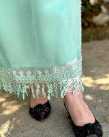 Mint Green Pearl Embroidered Organza 3-Piece Suit Elegant Silk Kurti Set with Tasseled Fringe Dupatta