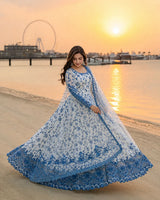 Faiza Saqlain Inspired Blue & White Printed Lawn Frock 3-Piece Stitched Suit with Net Dupatta