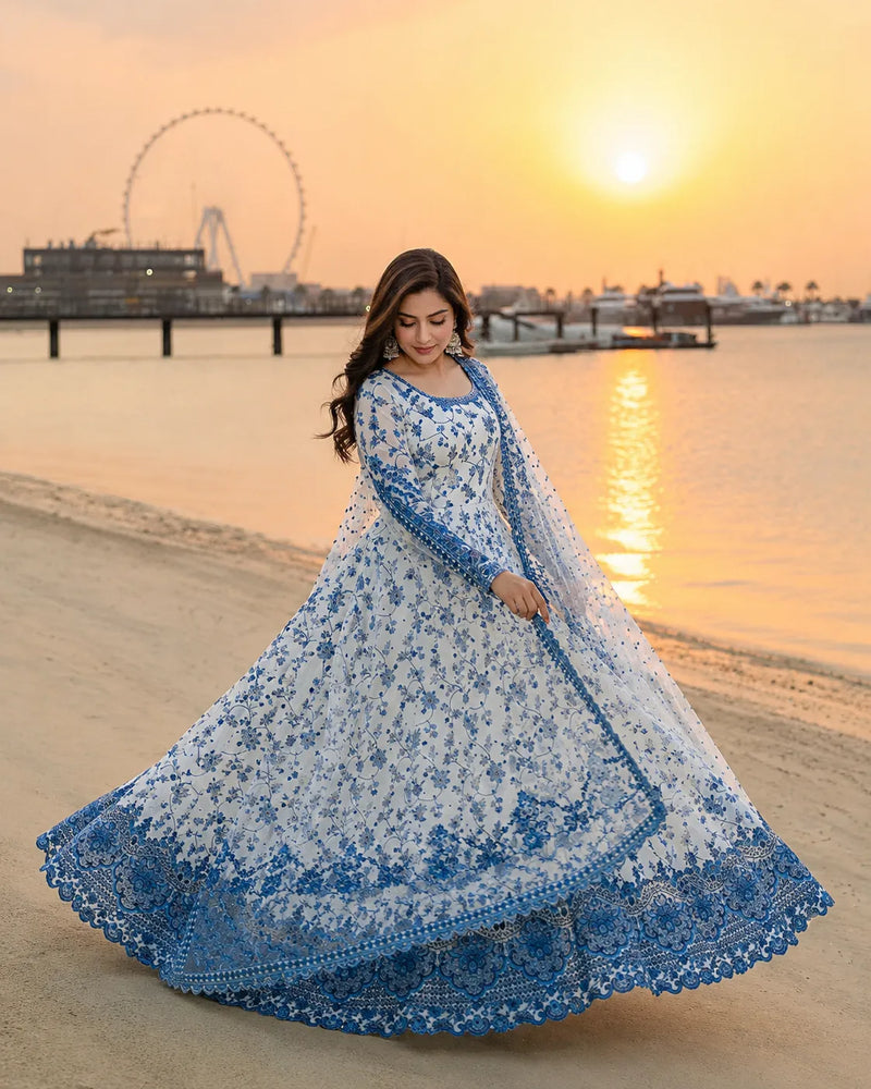 Faiza Saqlain Inspired Blue & White Printed Lawn Frock 3-Piece Stitched Suit with Net Dupatta