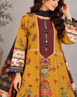 Mustard Yellow Colorful Floral Lawn Kaftan 3 Piece Suit | Embroidered Placket & Patchwork Borders