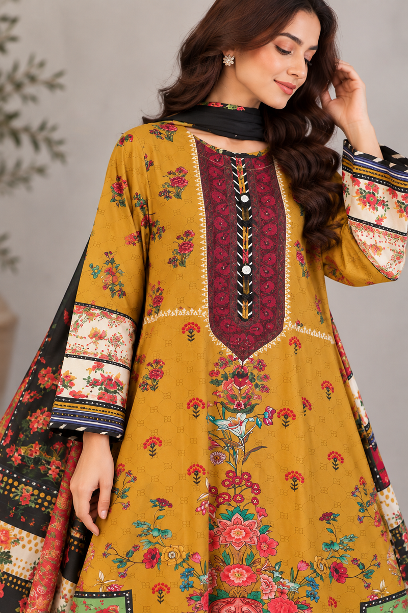 Mustard Yellow Colorful Floral Lawn Kaftan 3 Piece Suit | Embroidered Placket & Patchwork Borders