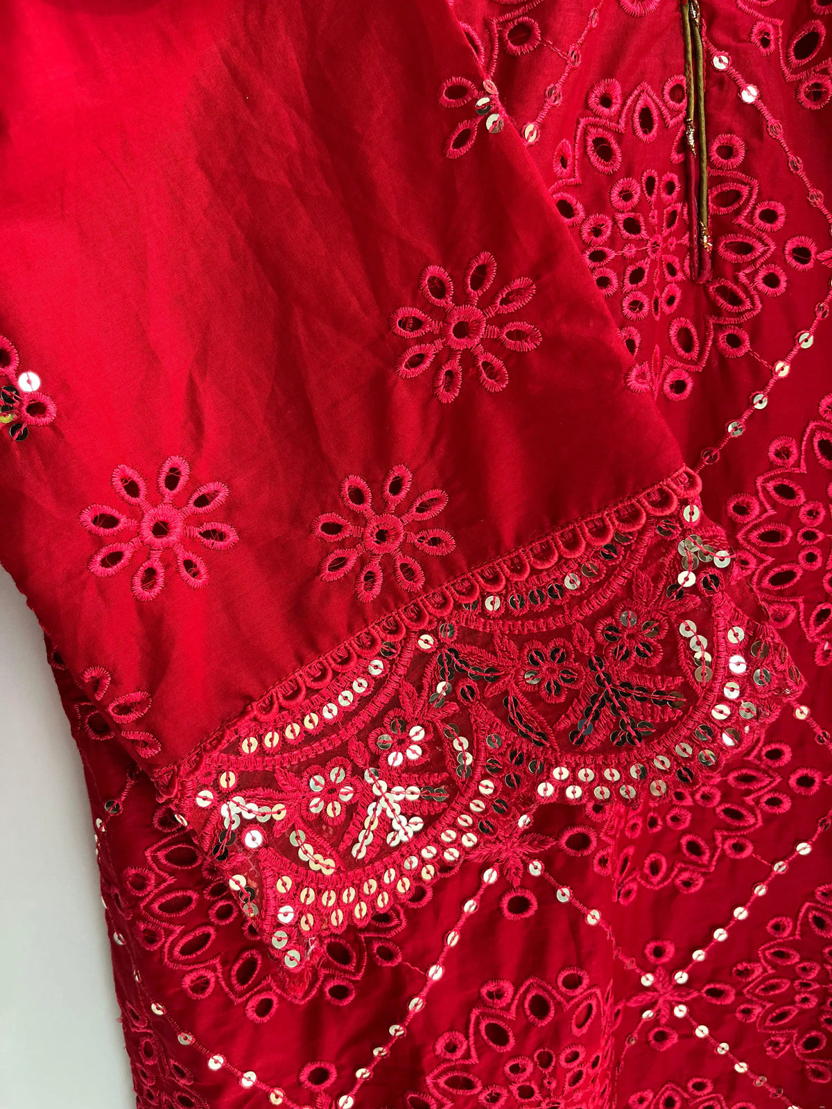 Blood Red Embroidered Chickenkari & Sequins 3-Piece Stitched Suit with Silk Dupatta