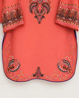 Peach Pink Embroidered Short Lawn Kurti 3-Piece Stitched Suit with Farshi Shalwar & Silk Dupatta