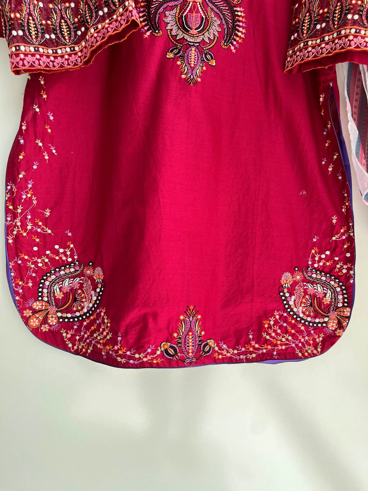 Shocking Pink Embroidered Lawn 3-Piece Stitched Short Suit with Farshi Shalwar & Silk Dupatta