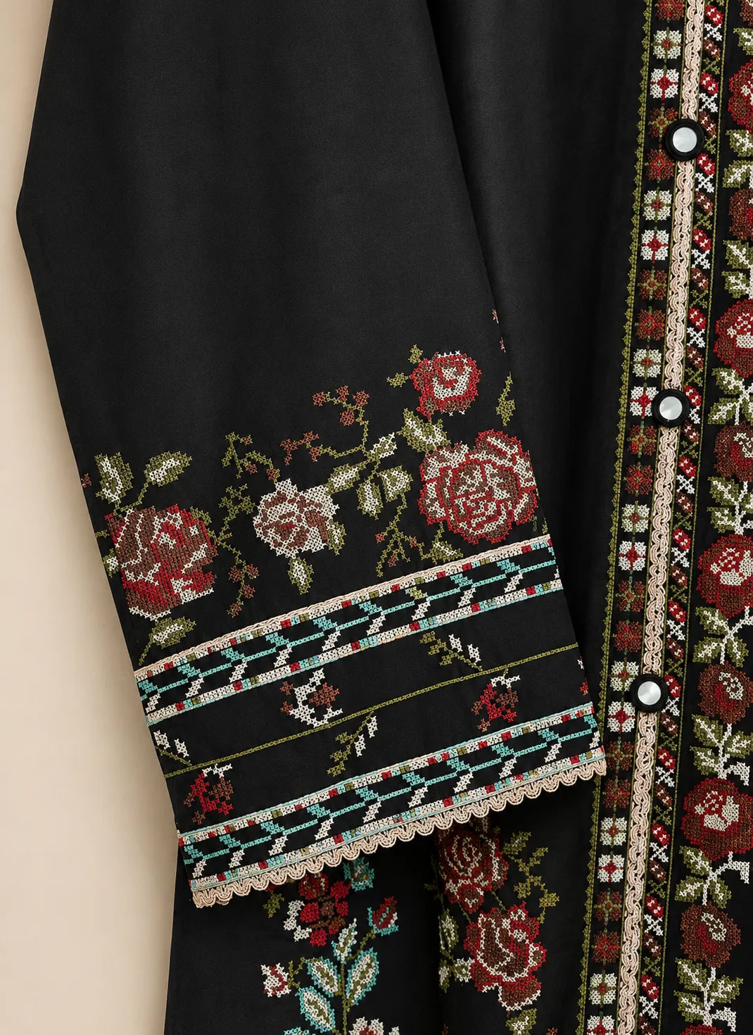 Black & Red Embroidered Short Kurti 3-Piece Stitched Suit with Shalwar