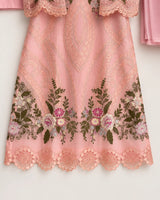 Baby Pink Floral Embroidered Long 3-Piece Stitched Lawn Suit with Chiffon Dupatta & Plain Trouser
