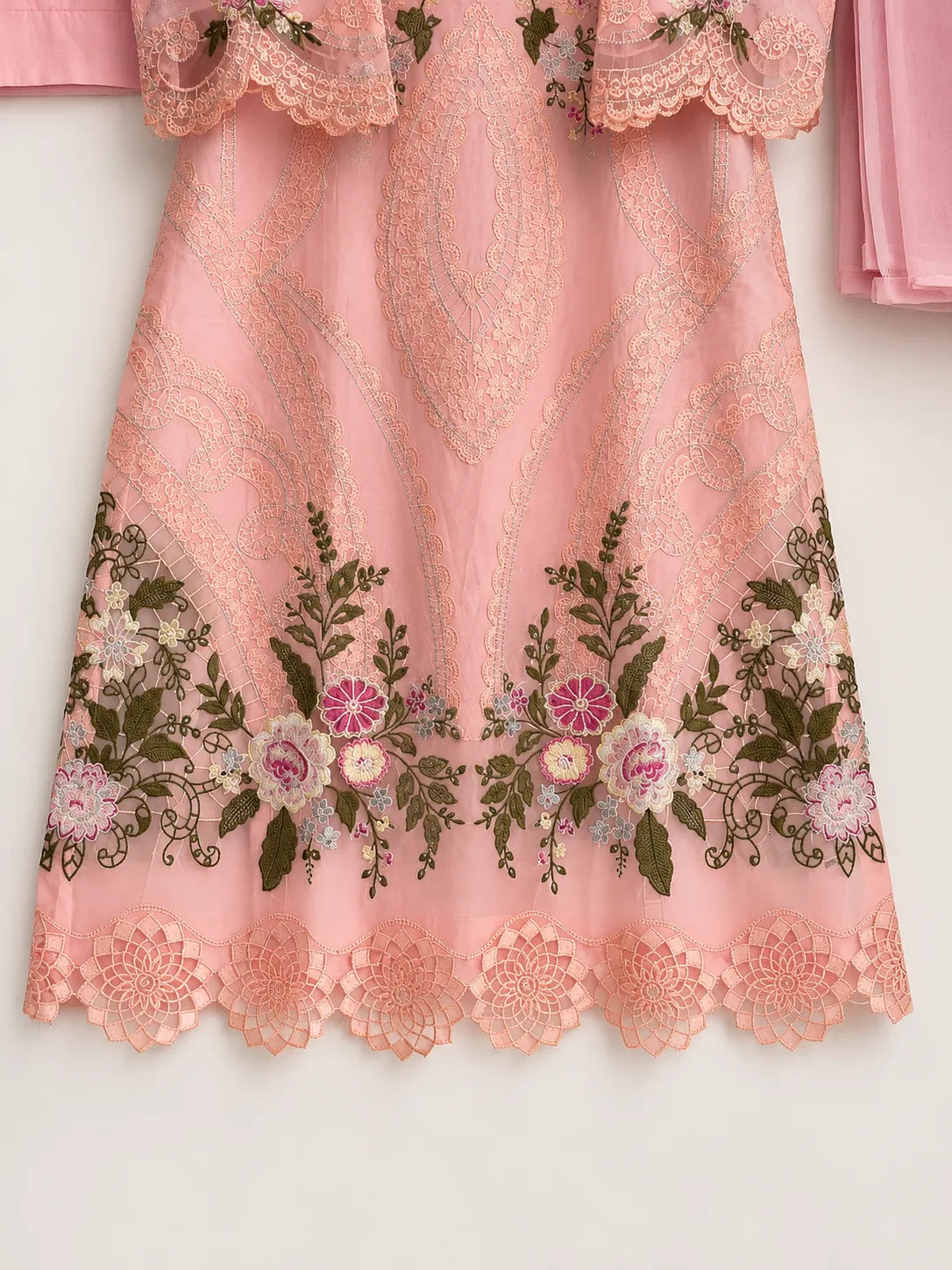 Baby Pink Floral Embroidered Long 3-Piece Stitched Lawn Suit with Chiffon Dupatta & Plain Trouser