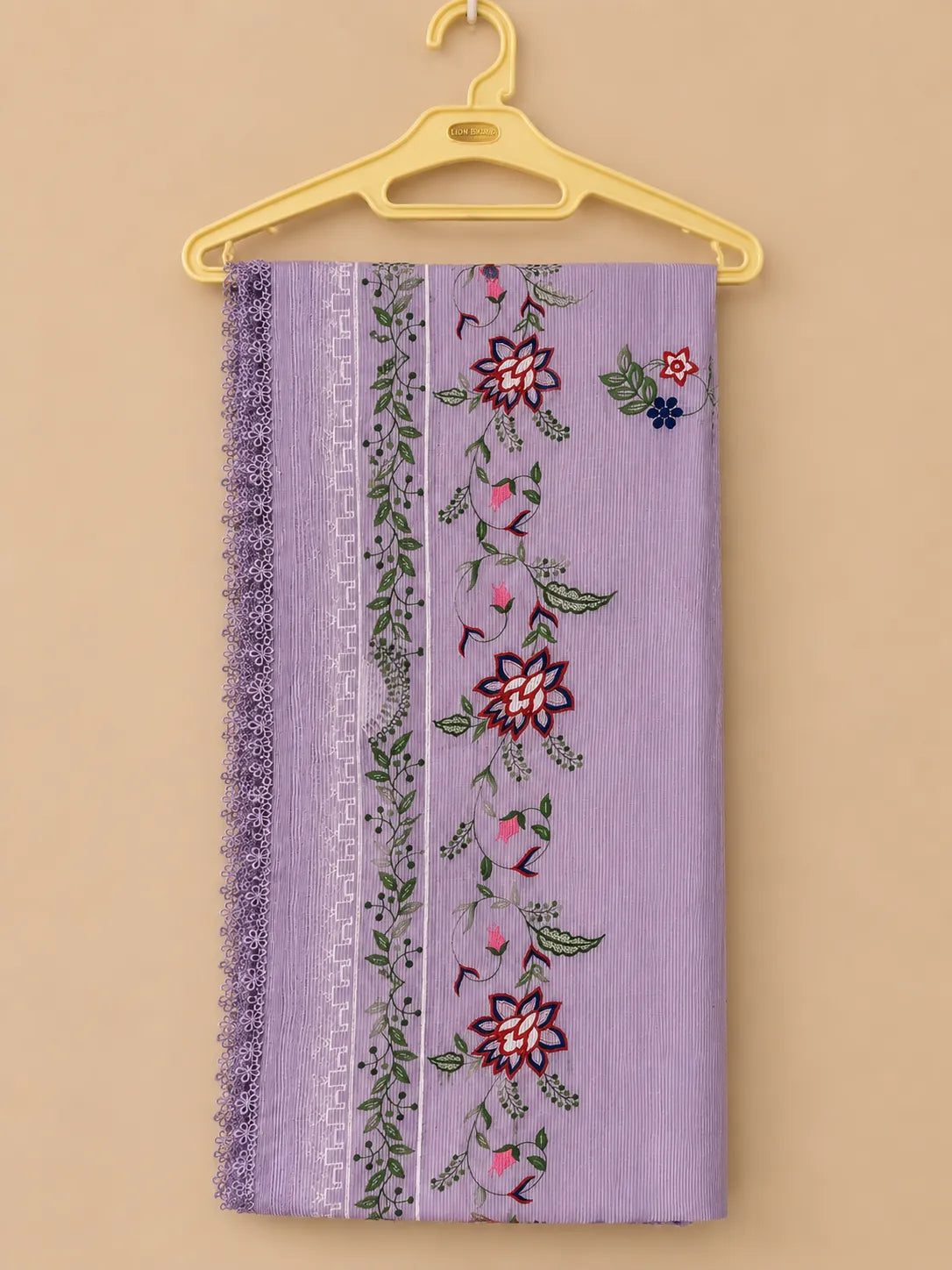 Lilac Colorful Floral Embroidered Long 3-Piece Stitched Lawn Suit with Scalloped Border & Embroidered Dupatta