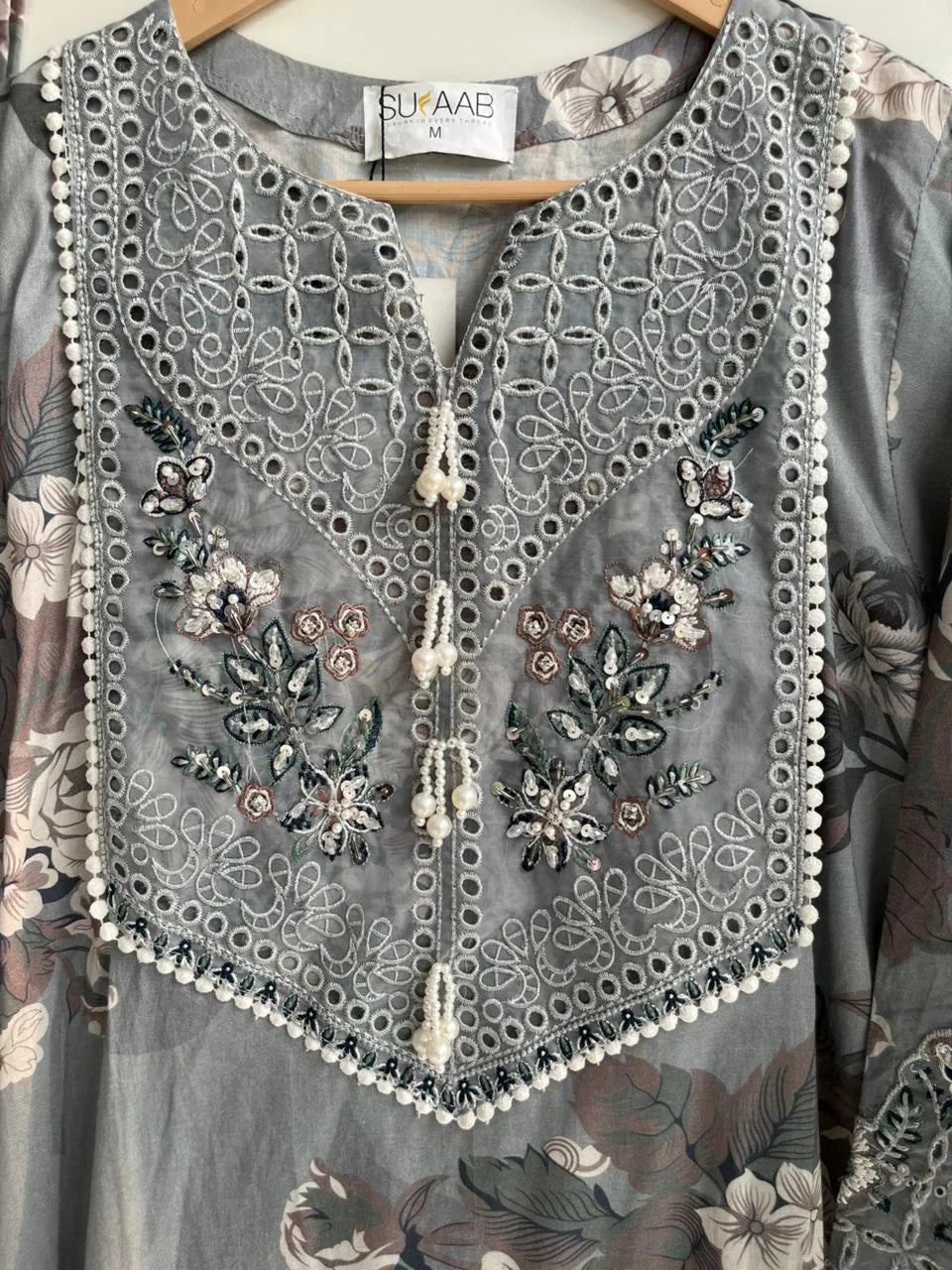 Grey Floral Printed & Embroidered 3-Piece Stitched Suit with Doriya Dupatta