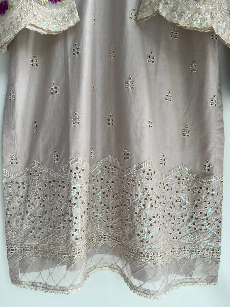 Dove Grey & Purple Floral Embroidered 3-Piece Stitched Suit with Chikankari Hem & Embroidered Dupatta