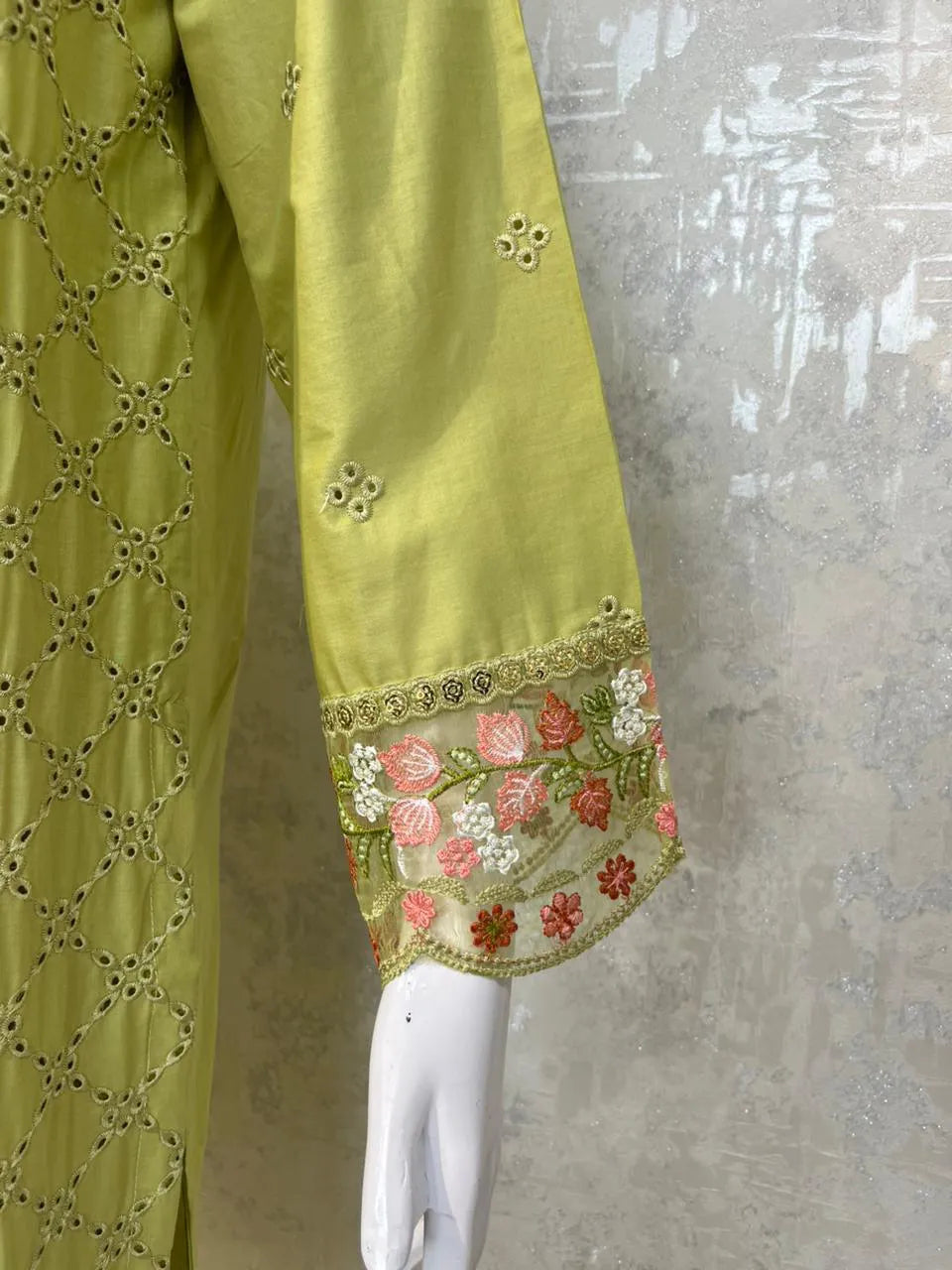 Lime Green Embroidered Chikankari 3-Piece Stitched Suit with Chiffon Dupatta