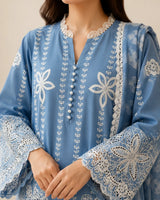 Powder Blue Floral Embroidered 3-Piece Stitched Lawn Suit with White Trousers & Dupatta