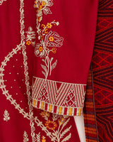 Crimson Red Floral Embroidered Lawn 3-Piece Stitched Suit with Bamber Chiffon Dupatta & Plain Trousers
