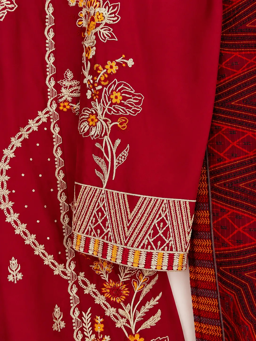 Crimson Red Floral Embroidered Lawn 3-Piece Stitched Suit with Bamber Chiffon Dupatta & Plain Trousers