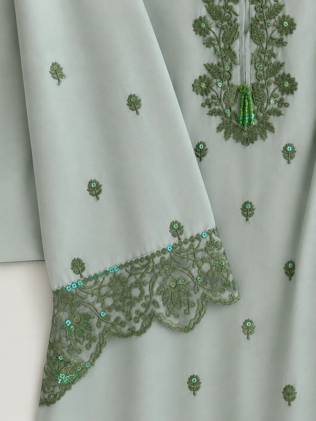Mint Embroidered 3-Piece Stitched Suit with Shalwar & Organza Dupatta