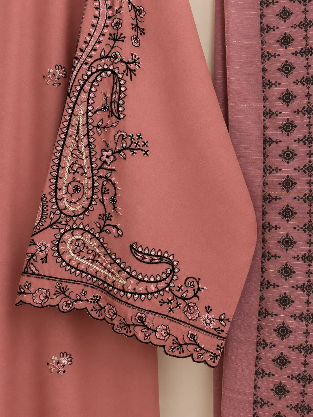 Salmon Pink & Black Paisley Embroidered Lawn 3-Piece Stitched Suit with Doriya Dupatta & Embroidered Trouser