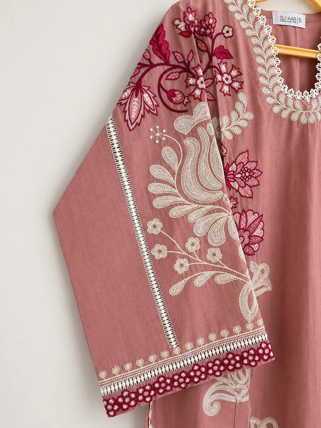 Salmon Pink Short Embroidered Lawn 3-Piece Stitched Suit with Embroidered Shalwar & Silk Dupatta