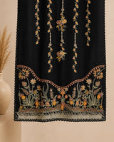 Black Embroidered 3-Piece Stitched Suit with Rust & Ochre Threadwork & Bamber Dupatta