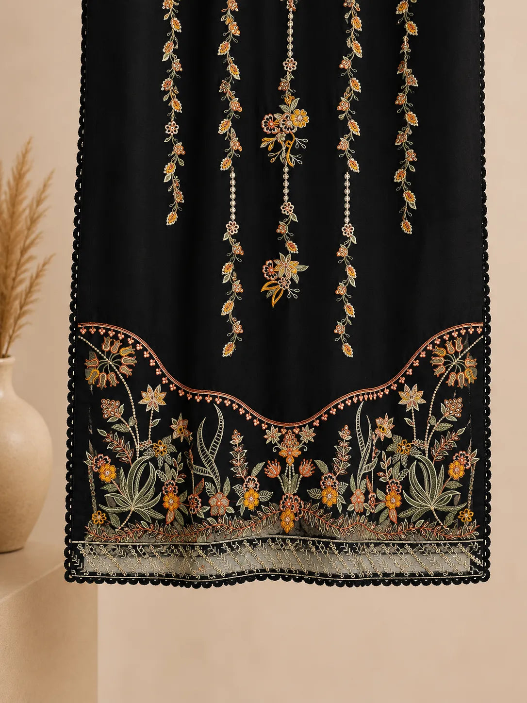 Black Embroidered 3-Piece Stitched Suit with Rust & Ochre Threadwork & Bamber Dupatta